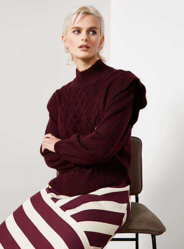 For All The Love Burgundy High Neck Cable Knit Frill Jumper 8